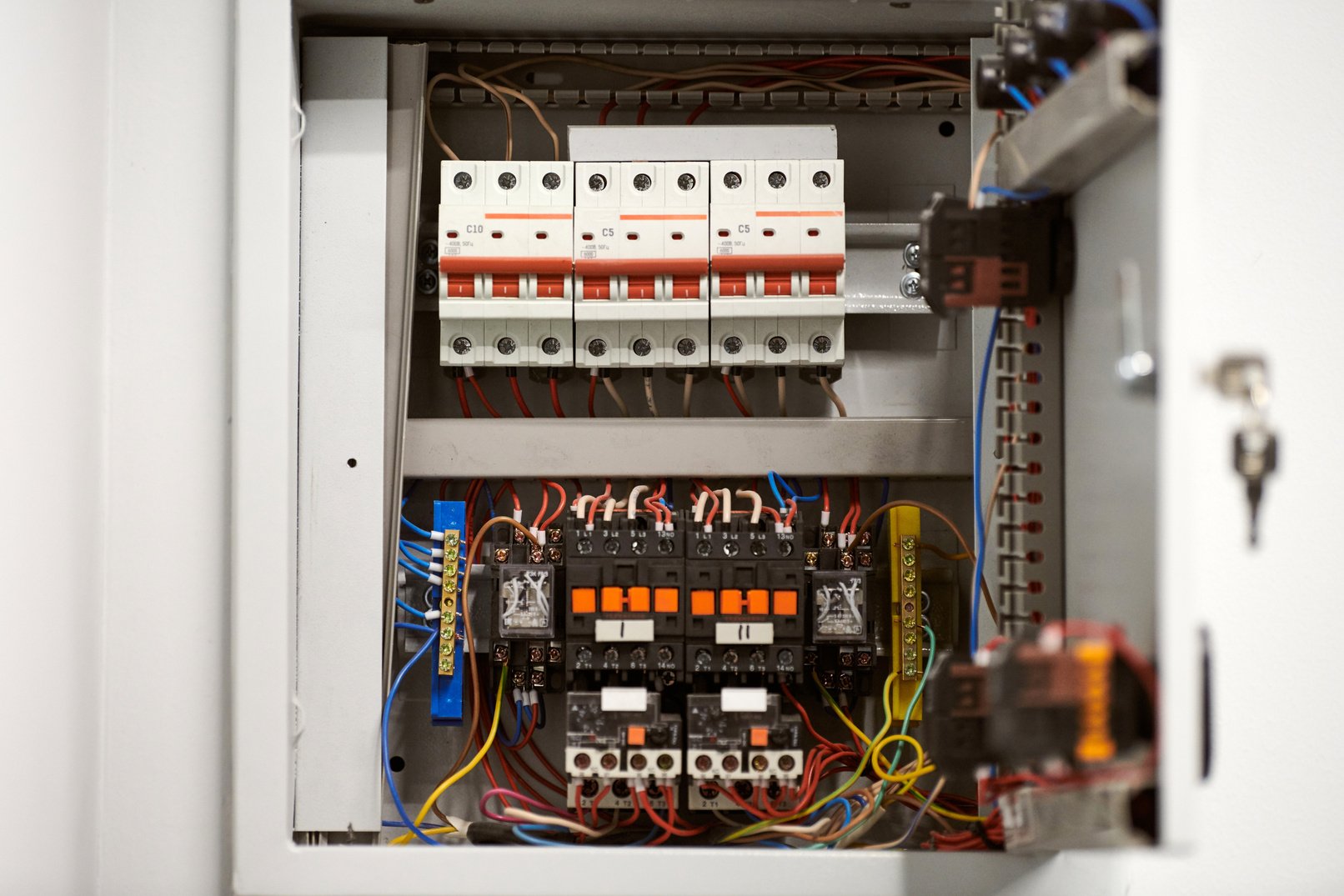 Circuit Breaker in Switch Box. Control Voltage Switchboard. Dist